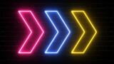 Neon Glowing arrow on brick background. Colorful and shining retro light arrow sign. Realistic shining signboard. 
