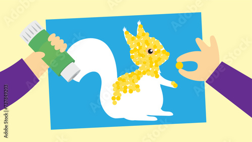 Vector illustration of squirrel applique and glue in hand