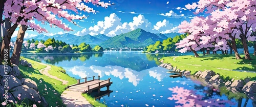 Beautiful lake with cherry blossoms in full bloom. Anime art style. Tranquility of natural scenery © franxxlin_studio
