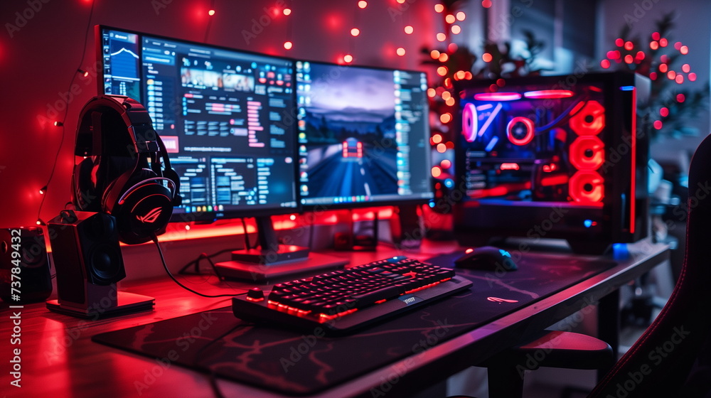 An advanced gaming setup with multiple screens, red ambient lighting, and modern equipment. An advanced gaming setup with multiple screens, red ambient lighting, and modern equipment.