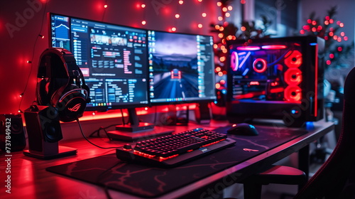 An advanced gaming setup with multiple screens, red ambient lighting, and modern equipment.