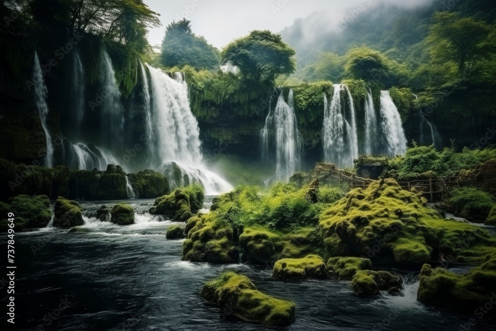 Breathtaking long exposure shot of enormous and majestic waterfall in the heart of the jungle