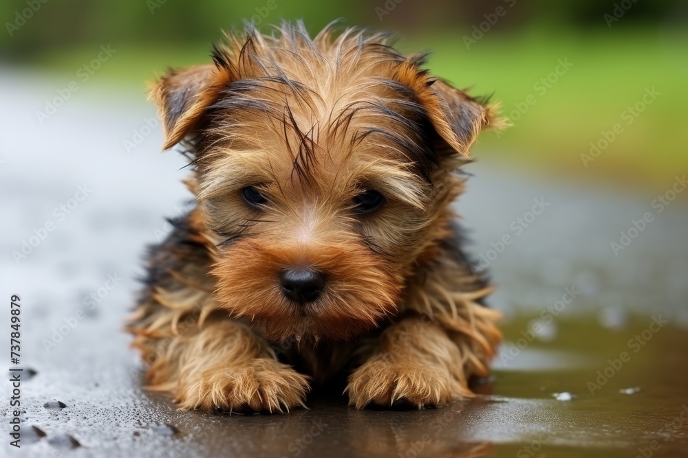Lonely dog with sad eyes sits in the rain, feeling the weight of the world on its shoulders Lonely dog with sad eyes sits in the rain, feeling the weight of the world on its shoulders