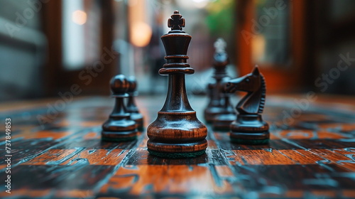 Wooden chess pieces on a board, focused on a king, with a blurred background.
