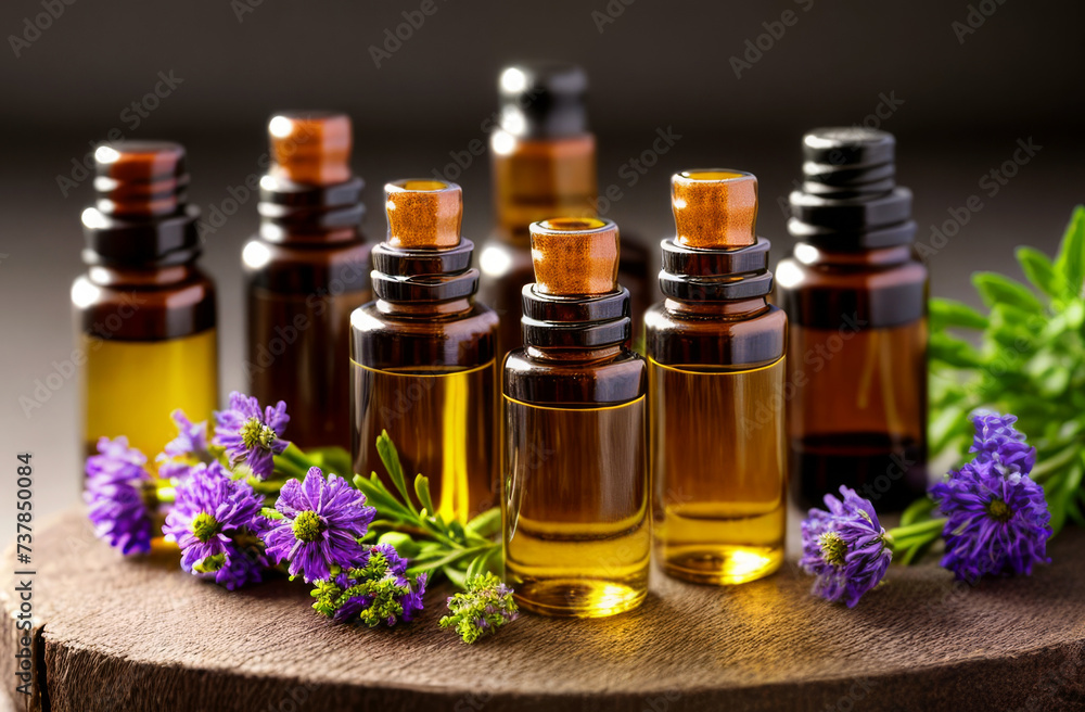 Set of cosmetic amber glass bottles with floral Essential aroma oil. Alternative aromatherapy. Natural and vegan ingredients in cosmetic and medicine
Set of cosmetic amber glass bottles with floral Essential aroma oil. Alternative aromatherapy. Natural and vegan ingredients in cosmetic and medicine