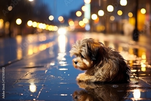 Lonely dog with sad eyes sits in the rain, feeling the weight of the world on its shoulders photo