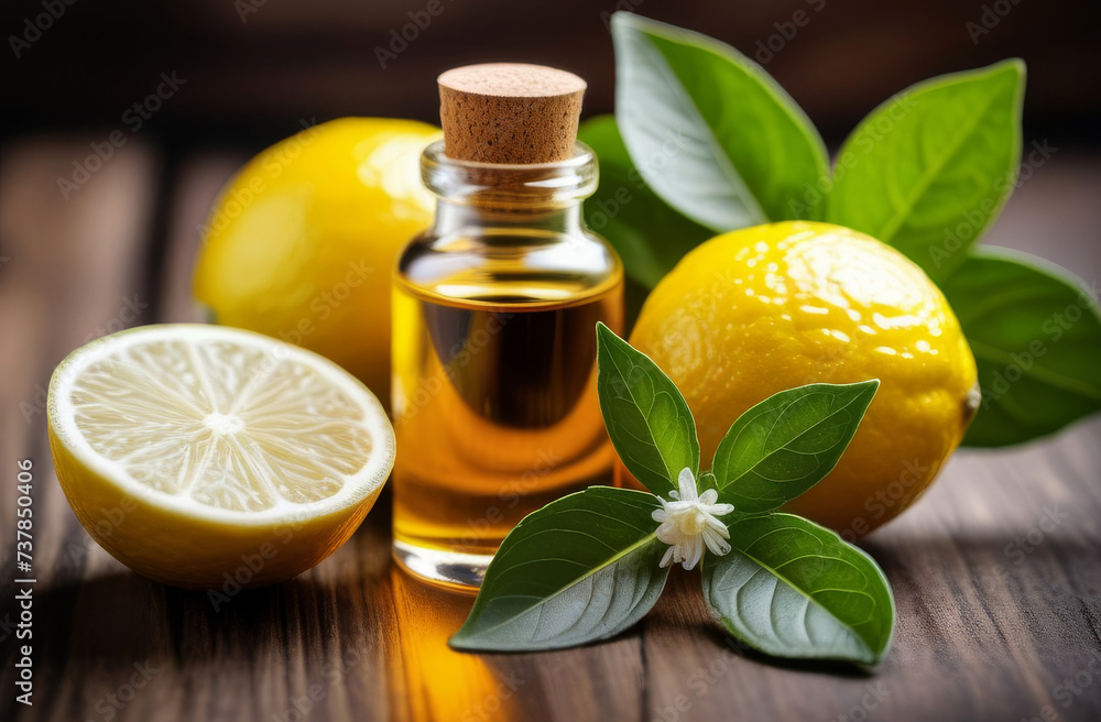 Cosmetic amber glass bottle with fruity Essential oil from bergamot. Alternative aromatherapy. Natural and vegan ingredients in cosmetic and medicine Cosmetic amber glass bottle with fruity Essential oil from bergamot. Alternative aromatherapy. Natural and vegan ingredients in cosmetic and medicine