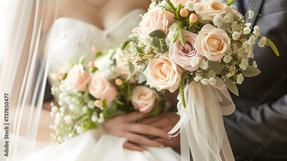Naklejka premium Bride and groom wedding couple with a bouquet of light rose and white color flowers
