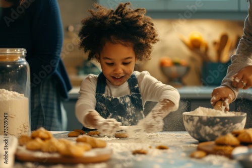 A bustling kitchen scene captures the joy of baking together, flour-dusted faces, a child eagerly mixing ingredients photo