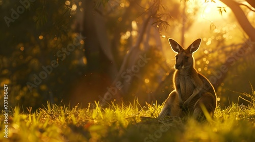 brown kangaroo sitting on grass during sunset in the bush photo