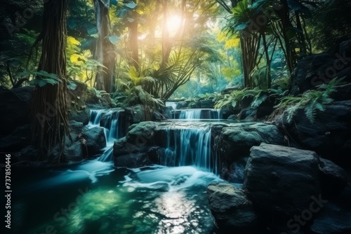 Breathtaking long exposure shot of enormous and majestic waterfall in the heart of the jungle