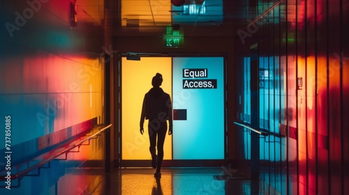 Equal Access Doorway: A silhouette of an open doorway with a sign reading "Equal Access," symbolizing inclusivity and equal opportunities for all individuals.