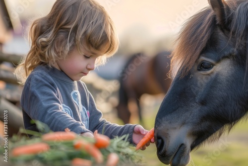 A child with special needs feeding carrots to a gentle horse, surrounded by farm animals and nature.