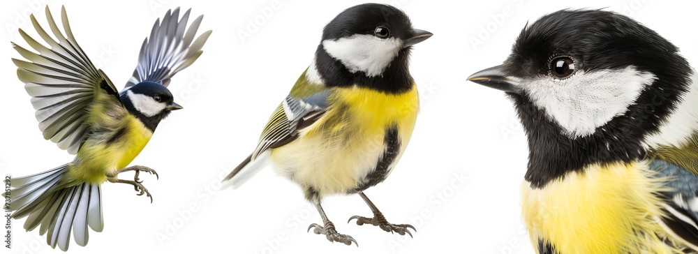 Naklejka premium Great tit (parus major) bird bundle, flying, portrait and standing, isolated on a transparent background