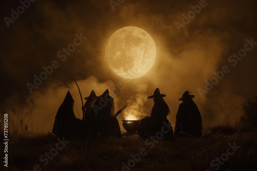 A coven of witches gather around a bubbling cauldron, chanting under the pale moonlight.