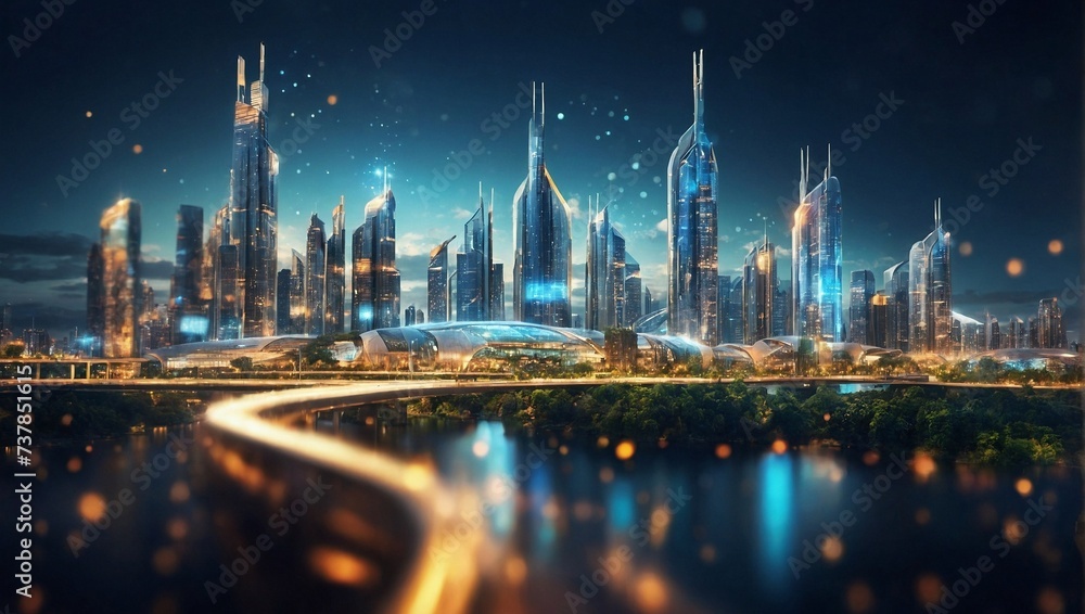 Futuristic cityscape highlighting sustainable and smart technologies. 