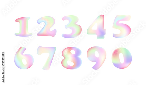 Vector inflated holographic balloons numbers. Set for anniversary or discount design. Colorful Gradient number 1,2,3,4,5,6,7,8,9,0.Design element for holiday greeting, banners, certificates, postcards