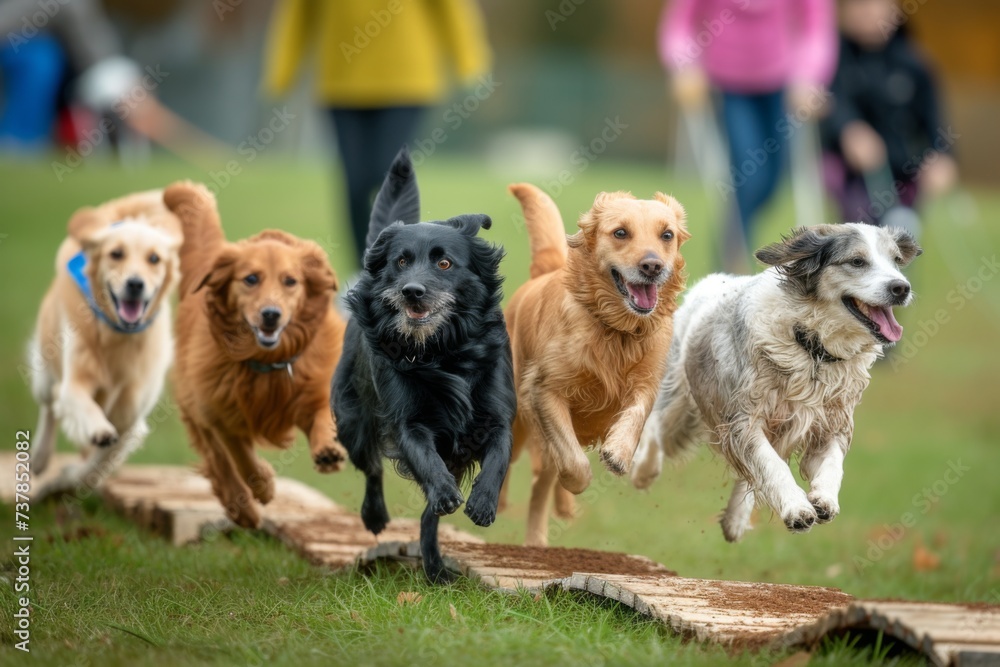 A group of playful senior dogs participating in a dog agility course, demonstrating their fitness and active lifestyle.
