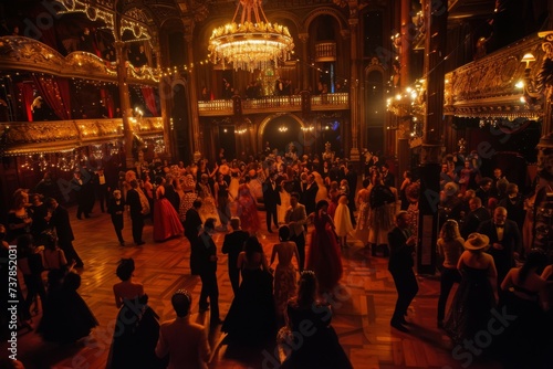 A grand masquerade ball unfolds within a magnificent opera house.