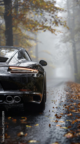 car on the road, black car misty foggy road 