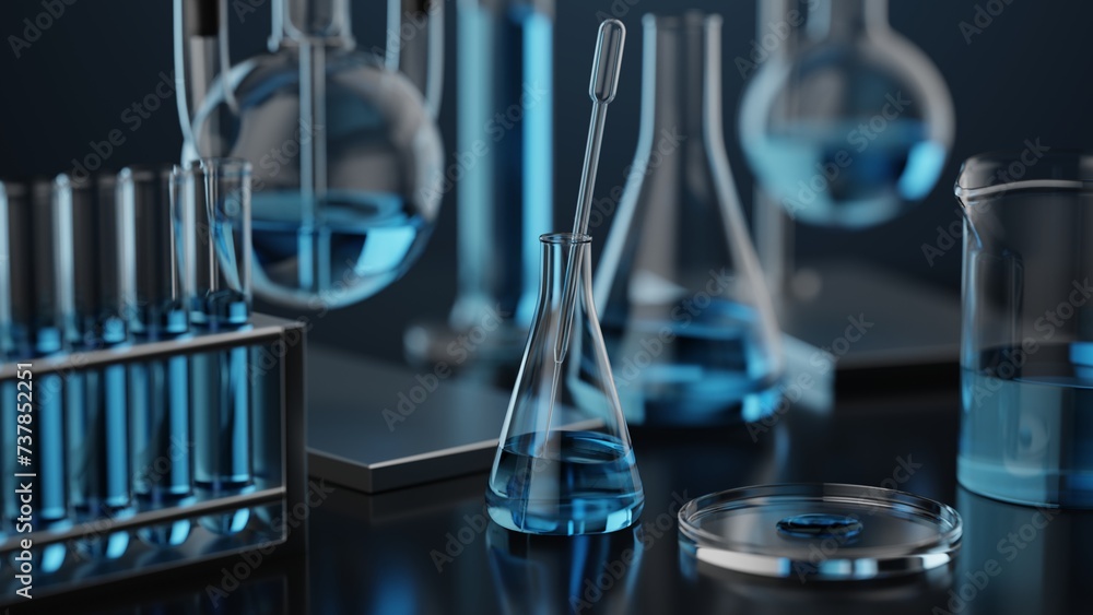 Various glass chemical laboratory equipment with black blue shades in chemistry lab, 3d render - obrazy, fototapety, plakaty 