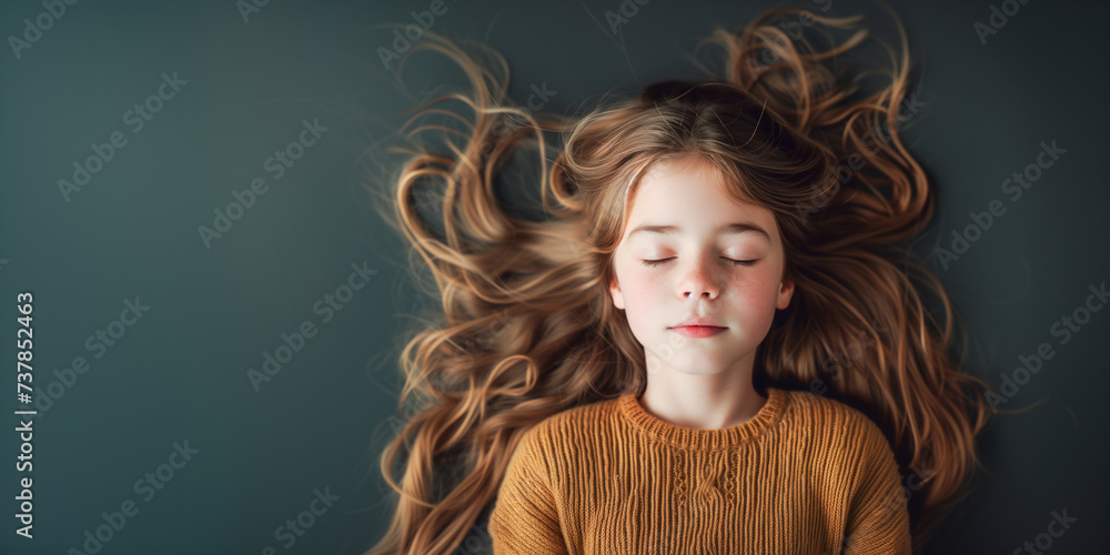 Fictional Caucasian young girl with long dark blonde hair relaxing on a dark olive green background - in banner size with copy space. Concept of beauty, relieving stress and anxiety. - obrazy, fototapety, plakaty 