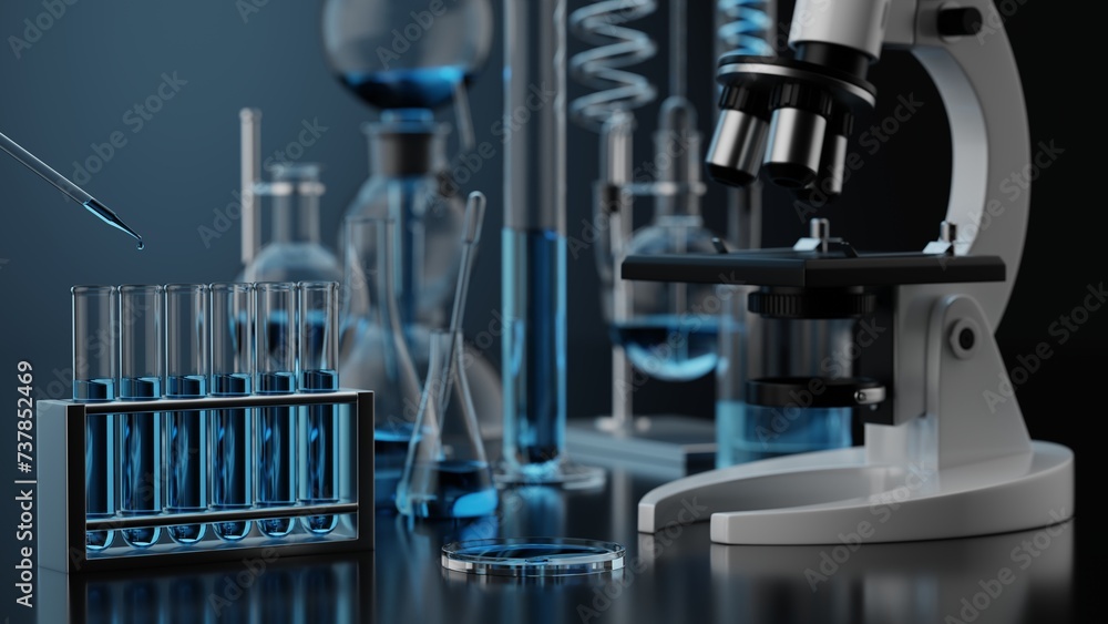 Various glass chemical laboratory equipment with black blue shades in chemistry lab, 3d render Various glass chemical laboratory equipment with black blue shades in chemistry lab, 3d render