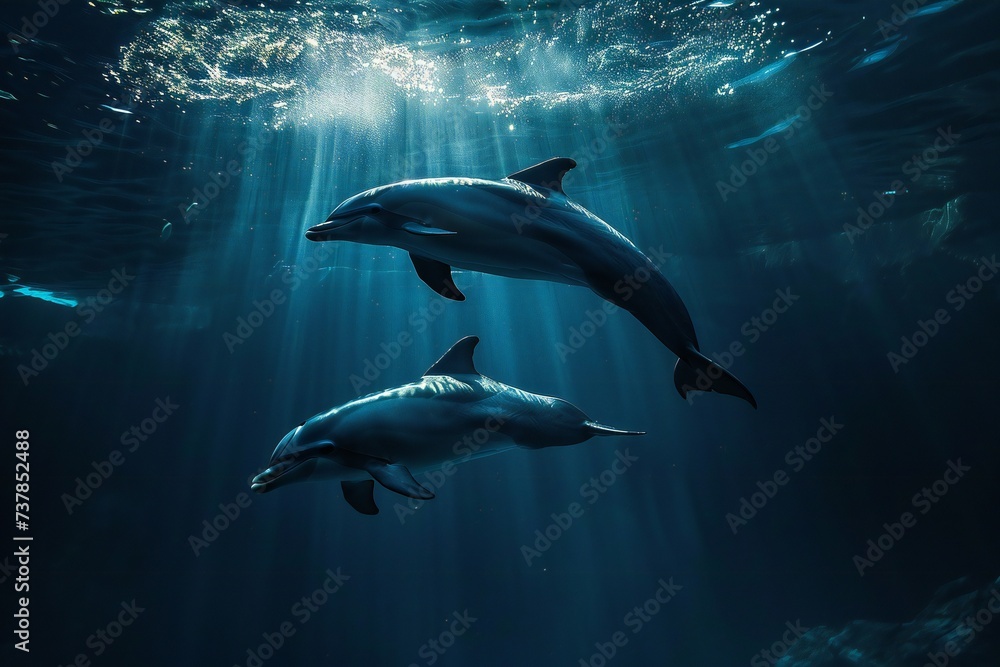 a pair of dolphins playing in sunrays underwater. World aquatic Animal day