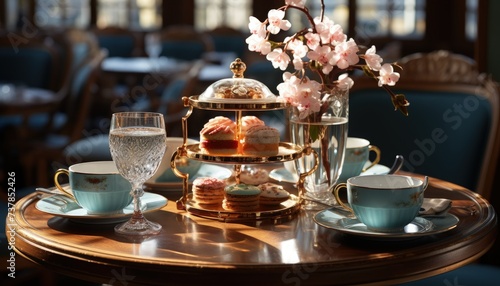 An elegant high tea setting with fine china photo