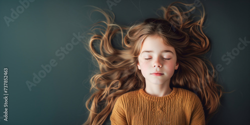 Fictional Caucasian young girl with long dark blonde hair relaxing on a dark olive green background - in banner size with copy space. Concept of beauty, relieving stress and anxiety.