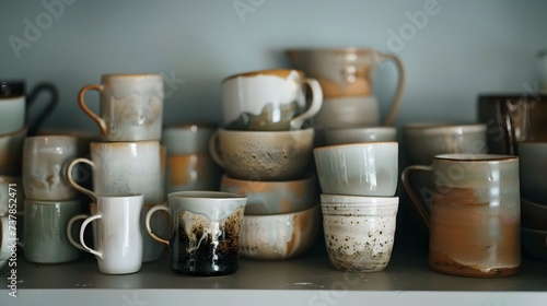 A set of artisanal ceramic mugs arranged on a shelf, the unique glazes and shapes catching the light against a monochromatic solid color, creating a cozy ambiance