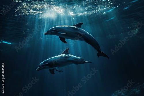 a pair of dolphins playing in sunrays underwater. World aquatic Animal day © Yulia
