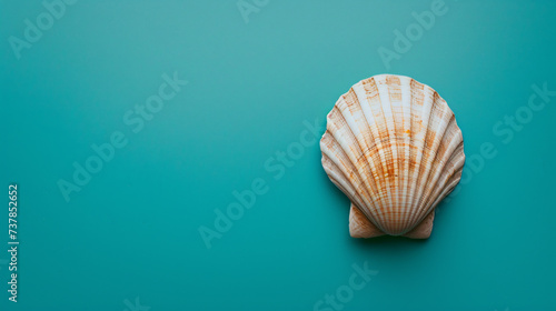 A single seashell, delicately placed against a colored background, captures the essence of the ocean photo