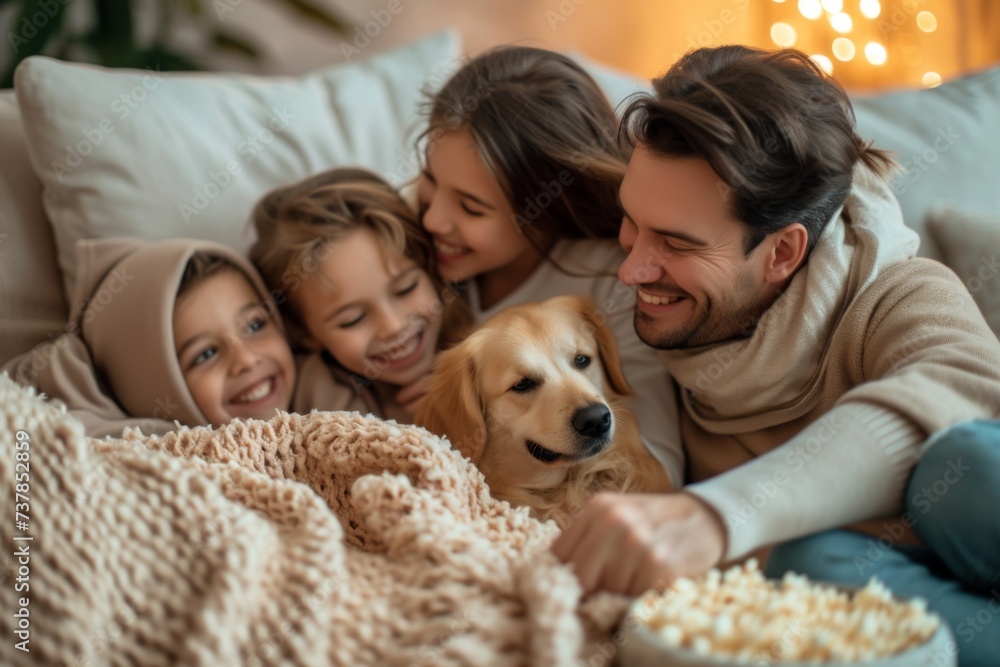 A heartwarming scene of parents, children, and their dog cuddled together on the couch, sharing smiles A heartwarming scene of parents, children, and their dog cuddled together on the couch, sharing smiles