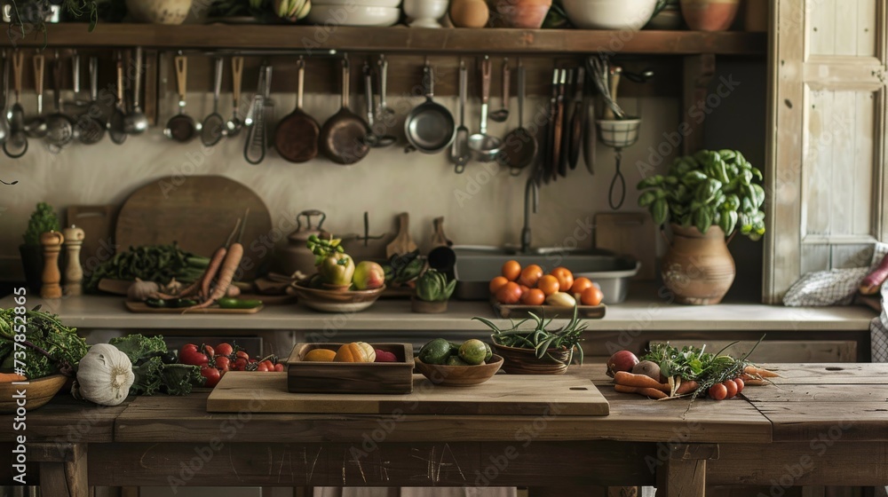A rustic kitchen scene with a wooden table full of organic produce ready for cooking