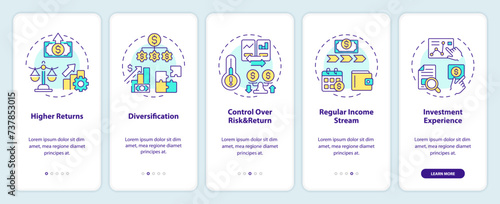 P2P lending onboarding mobile app screen. Money for investors walkthrough 5 steps editable graphic instructions with linear concepts. UI, UX, GUI template. Myriad Pro-Bold, Regular fonts used