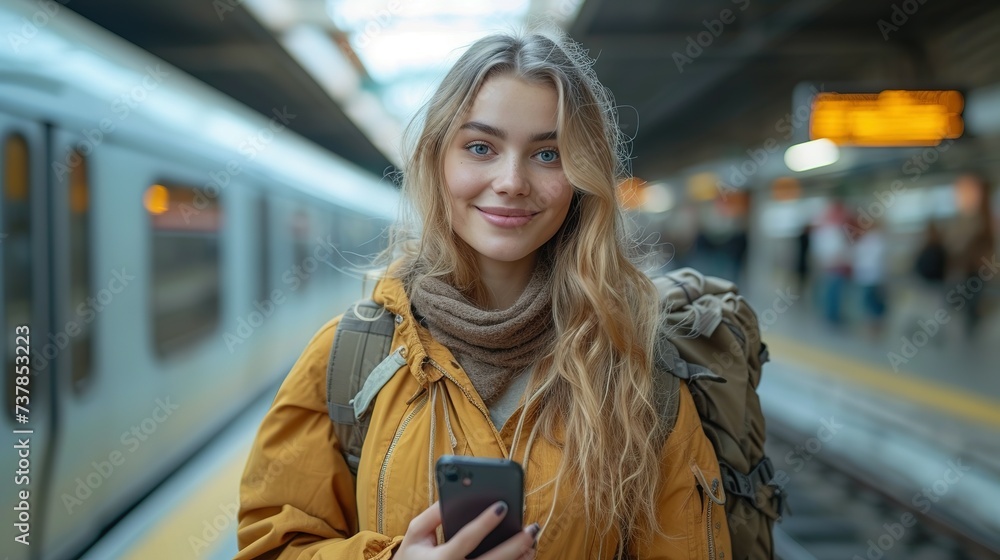 woman texting on smart phone at train station woman texting on smart phone at train station