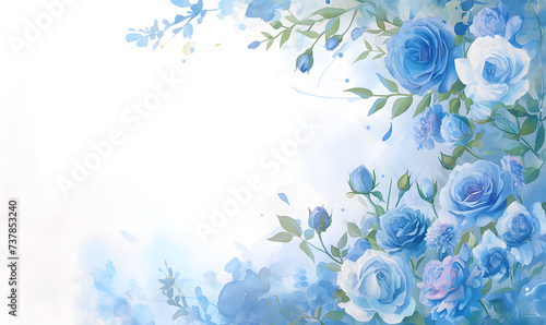 blue flower rose frame watercolor background, Generative AI 