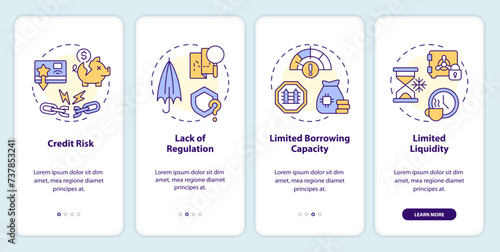 Disadvantages P2P loans onboarding mobile app screen. Lending risks walkthrough 4 steps editable graphic instructions with linear concepts. UI, UX, GUI template. Myriad Pro-Bold, Regular fonts used
