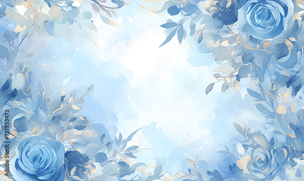 blue flower rose frame watercolor background, Generative AI blue flower rose frame watercolor background, Generative AI