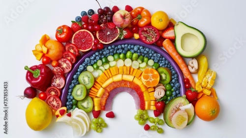 Artistic composition of organic fruits and vegetables forming a rainbow, promoting health and wellness