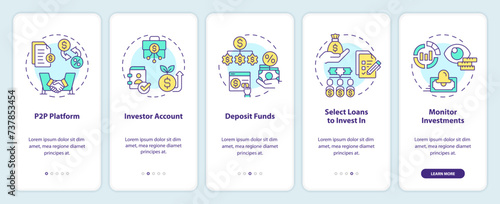 Lending for investors onboarding mobile app screen. P2P platform walkthrough 5 steps editable graphic instructions with linear concepts. UI, UX, GUI template. Myriad Pro-Bold, Regular fonts used