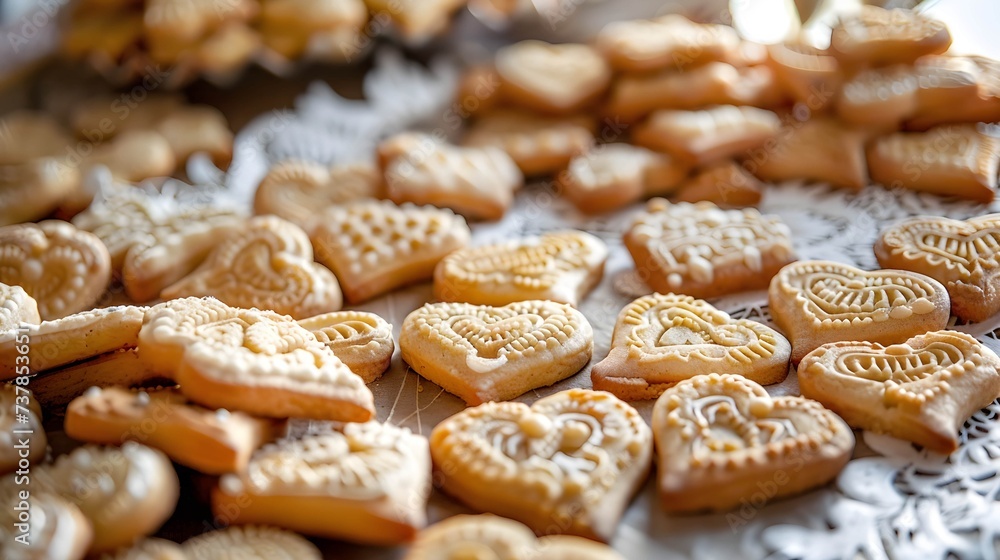 A collection of heart-shaped cookies elegantly arranged and placed on top of a table. A collection of heart-shaped cookies elegantly arranged and placed on top of a table.