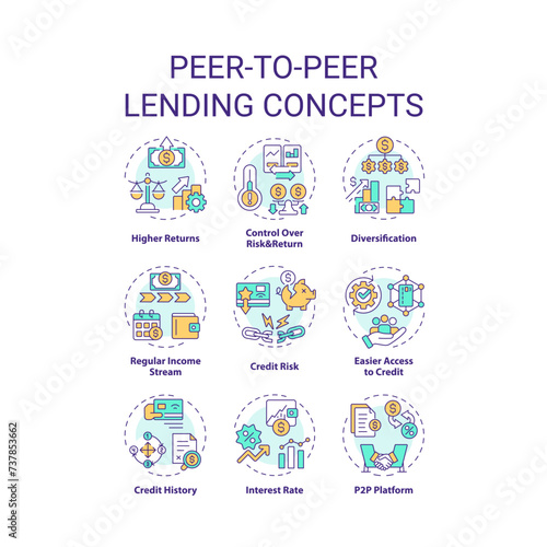 Peer-to-peer lending multi color concept icons. Borrowing and lending money. Investment. Connecting borrowers with investors. Icon pack. Vector images. Round shape illustrations. Abstract idea