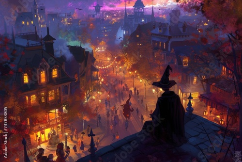 A mischievous spirit, perched on a rooftop overlooking a bustling Halloween street photo