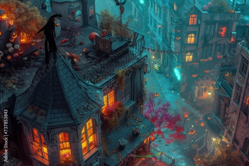 A mischievous spirit  perched on a rooftop overlooking a bustling Halloween street