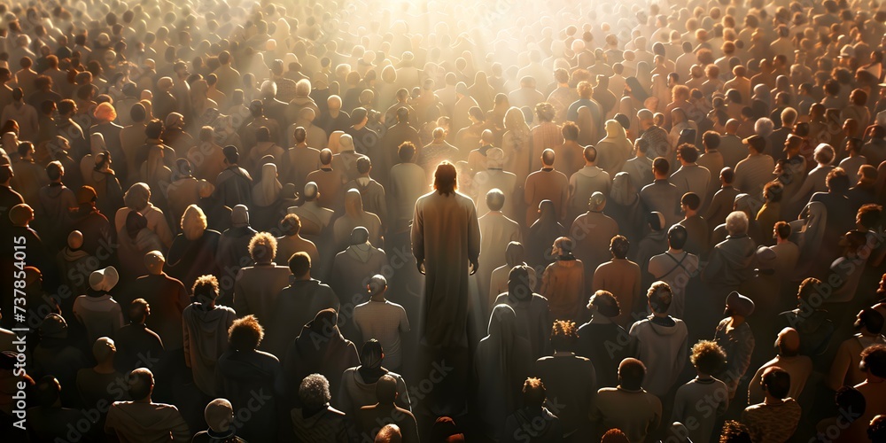 Jesus standing amidst a large gathering of diverse individuals. Concept Religious Unity, Spiritual Gathering, Jesus and Diversity, Inclusive Faith, Multicultural Worship - obrazy, fototapety, plakaty 