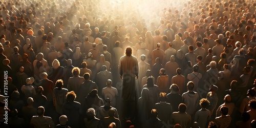 Jesus standing amidst a large gathering of diverse individuals. Concept Religious Unity, Spiritual Gathering, Jesus and Diversity, Inclusive Faith, Multicultural Worship