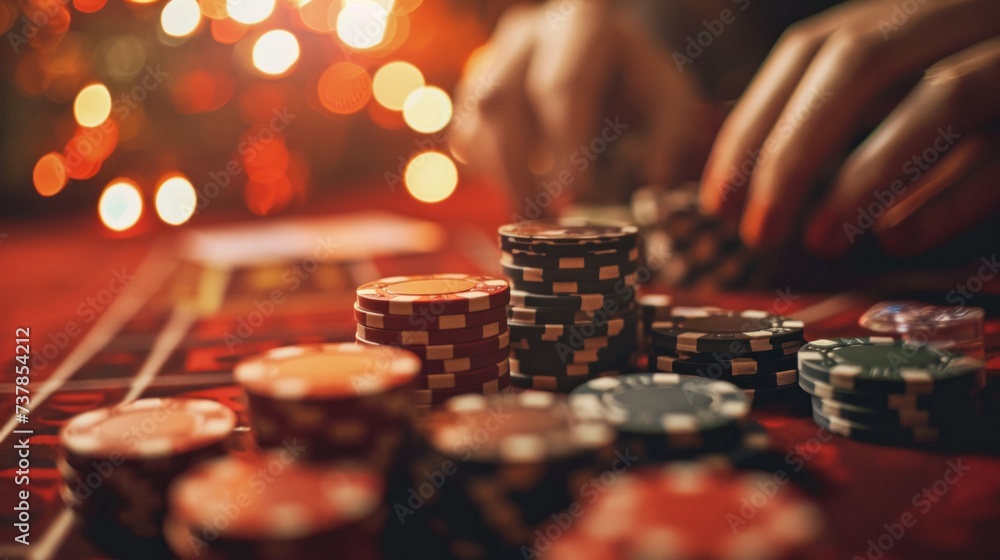 casino, gambling, poker, people and entertainment concept - close up of poker player with chips casino, gambling, poker, people and entertainment concept - close up of poker player with chips