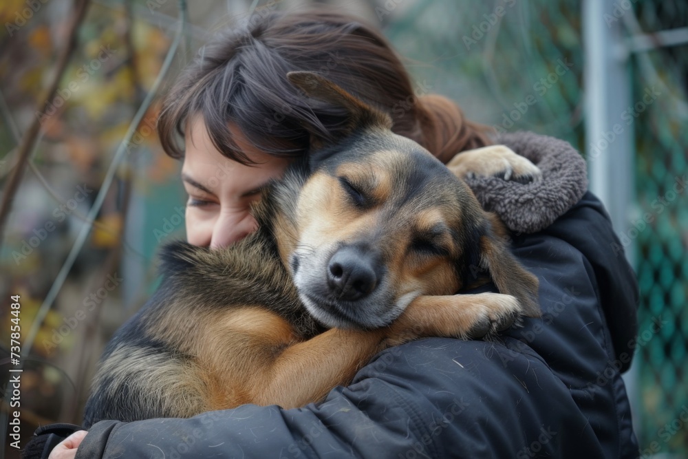 A person joyfully hugging a rescued dog, highlighting the happiness of adopting A person joyfully hugging a rescued dog, highlighting the happiness of adopting